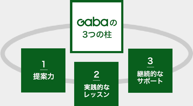 GABAの3つの柱 1提案力 2実践的なレッスン 3継続的なサポート